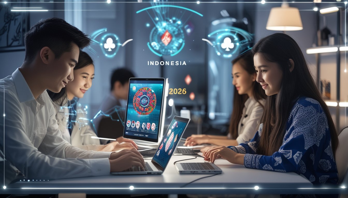 Dua orang muda bermain poker online menggunakan laptop dan tablet di ruang kerja modern dengan elemen teknologi futuristik dan hiasan batik.