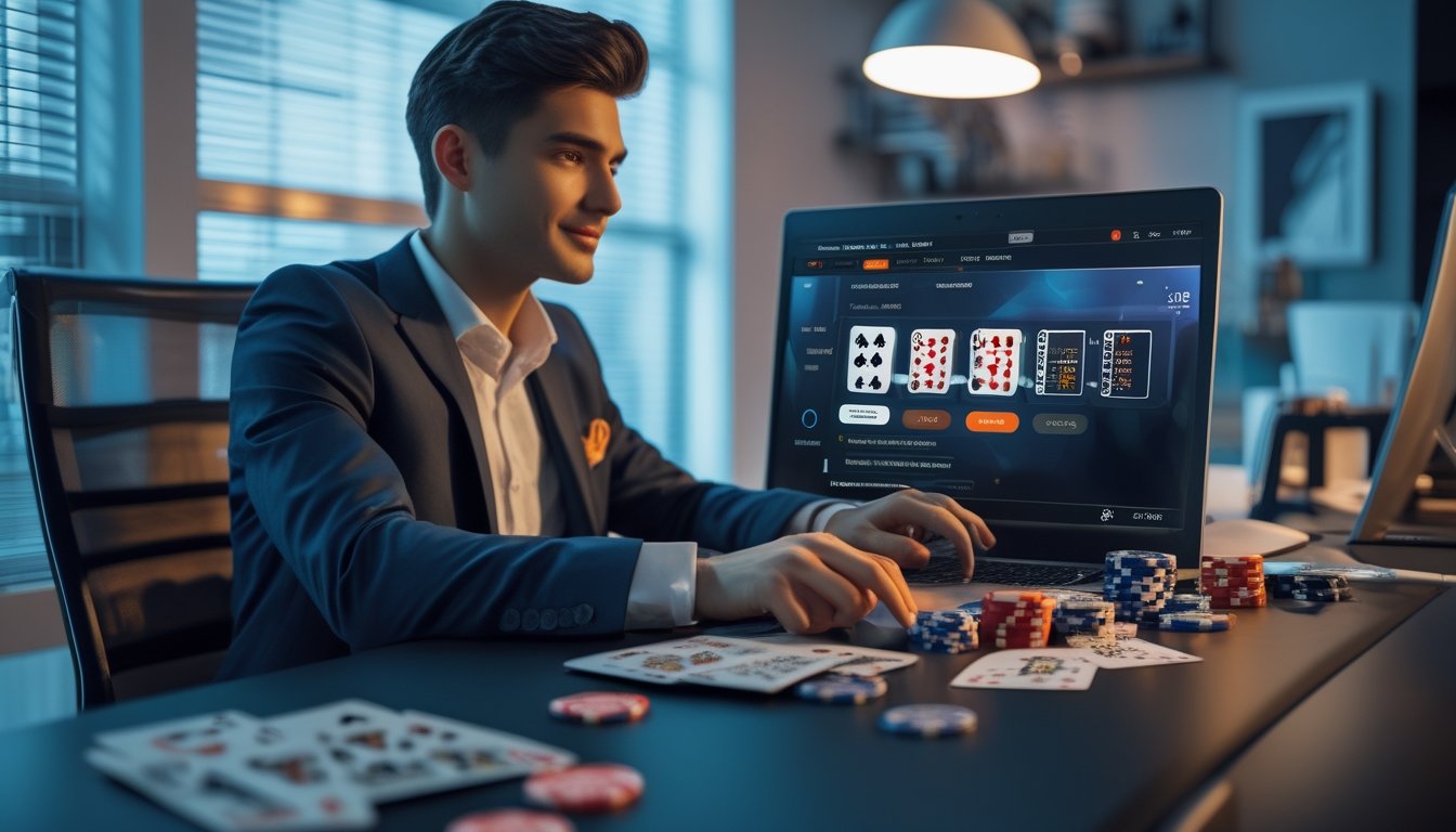 Seorang pria muda duduk di meja dengan laptop dan perlengkapan poker, terlihat fokus dan percaya diri dalam suasana kantor rumah yang modern.