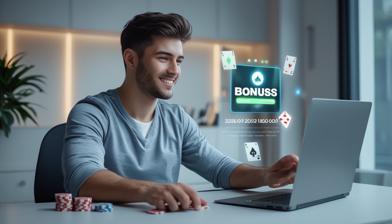 Seorang pria muda duduk di depan laptop bermain poker online dengan ekspresi percaya diri dan senang.