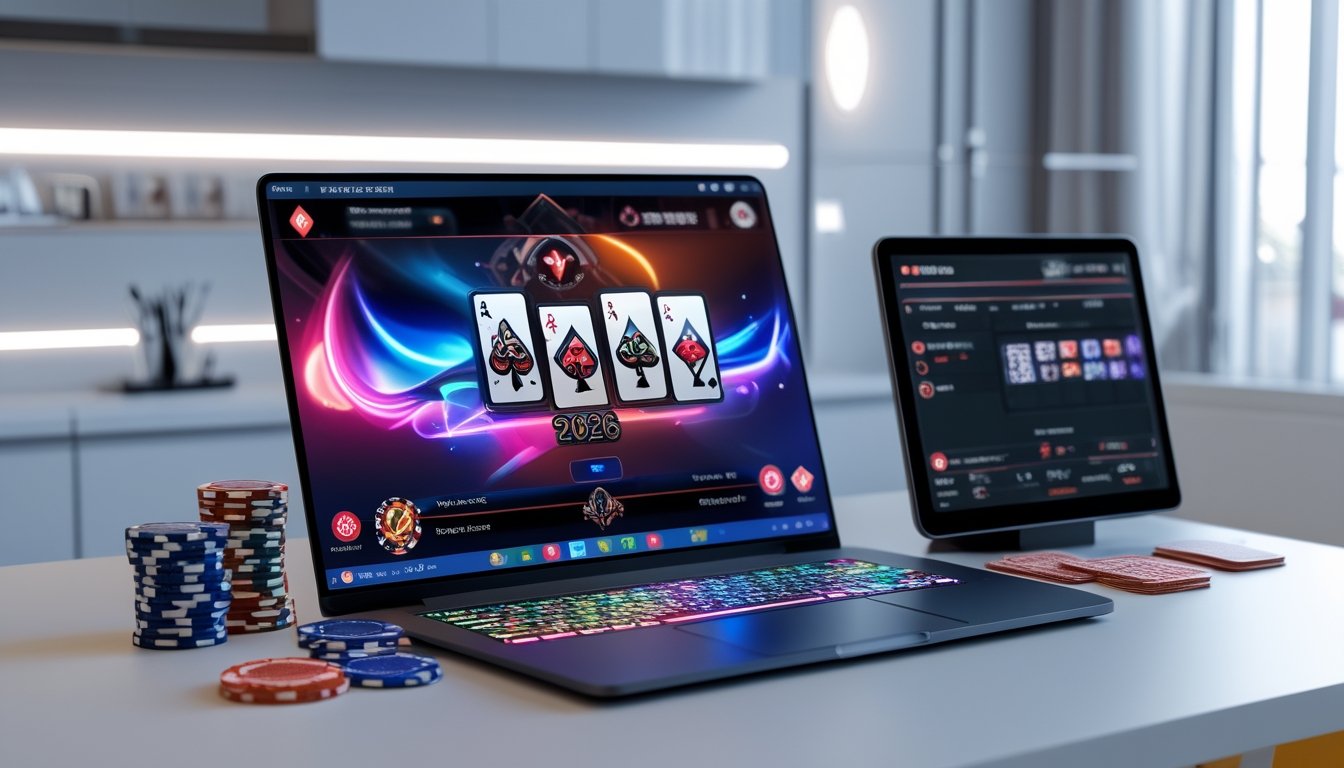 Sebuah meja dengan komputer menampilkan permainan poker online, dikelilingi chip poker dan kartu bermain dalam suasana ruangan modern.