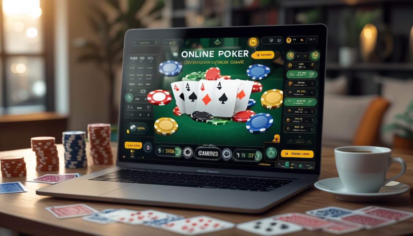 Sebuah meja dengan komputer menampilkan permainan poker online, dikelilingi oleh tumpukan chip poker dan kartu bermain.