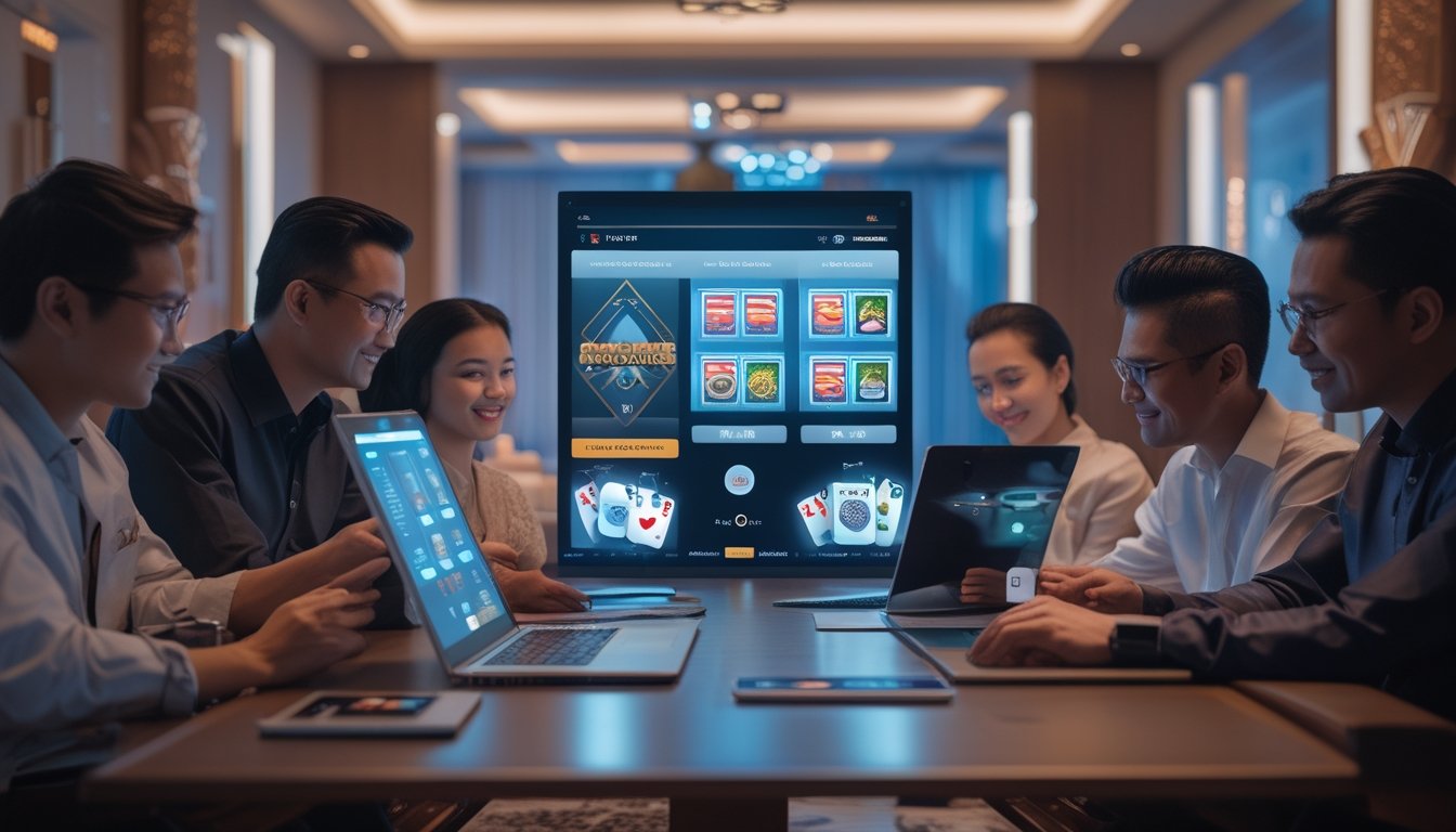 Orang-orang menggunakan perangkat digital di lingkungan modern dengan elemen budaya Indonesia, bermain permainan kasino online.