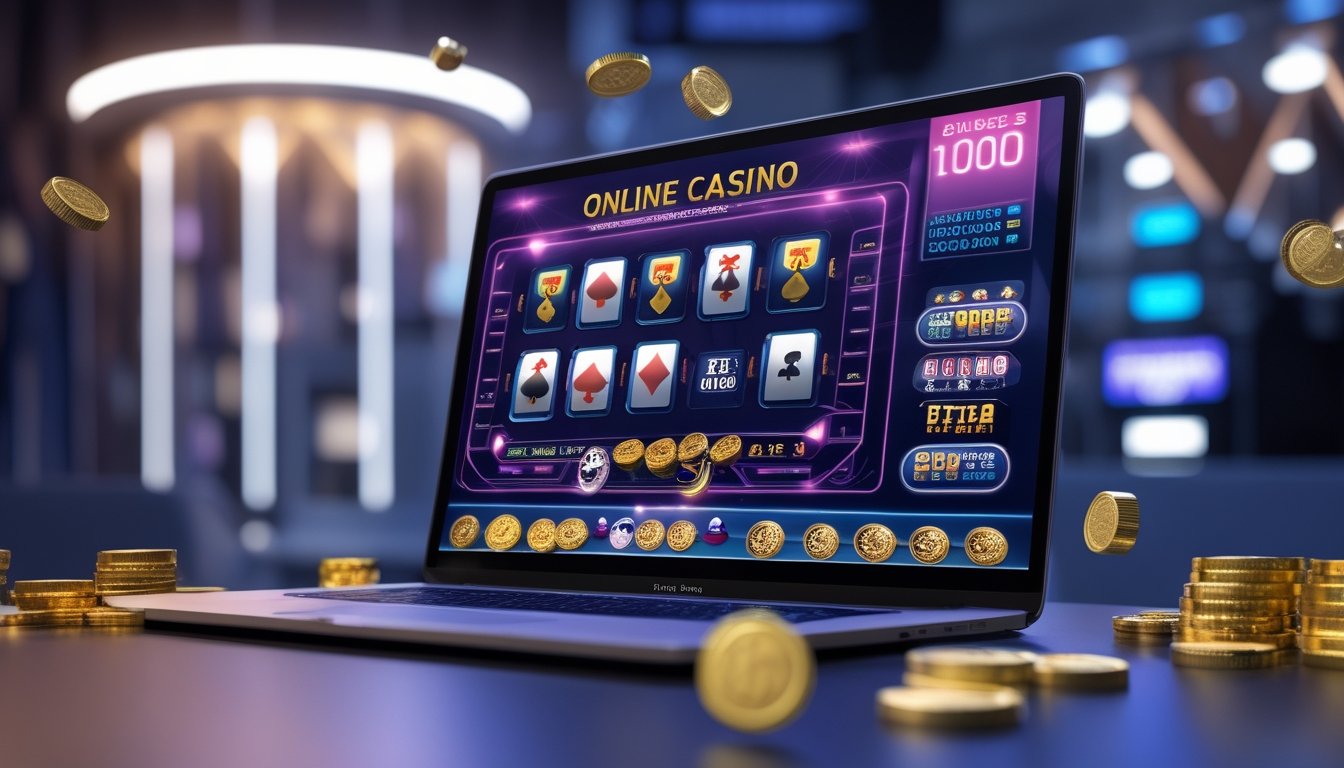 Seorang pengguna duduk di depan komputer yang menampilkan permainan kasino online dengan koin emas dan chip di sekitar meja.