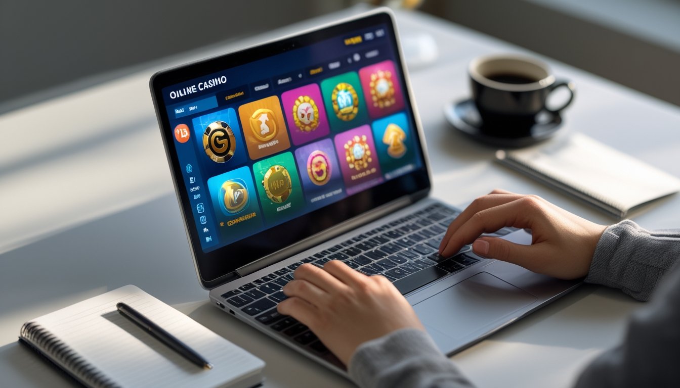 Seseorang duduk di depan laptop dengan layar permainan kasino online, di meja terdapat buku catatan dan secangkir kopi.