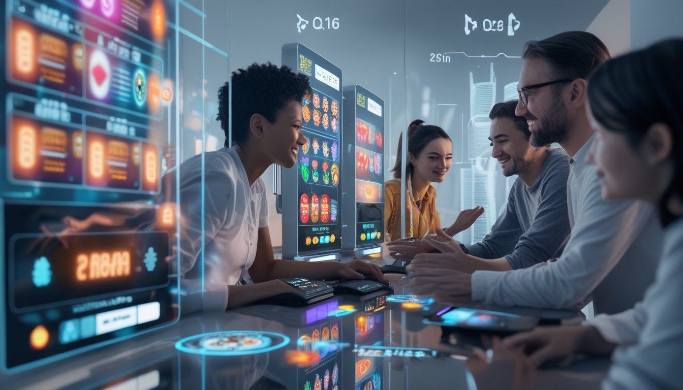 Orang-orang bermain permainan kasino online dengan layar holografik futuristik di lingkungan modern.