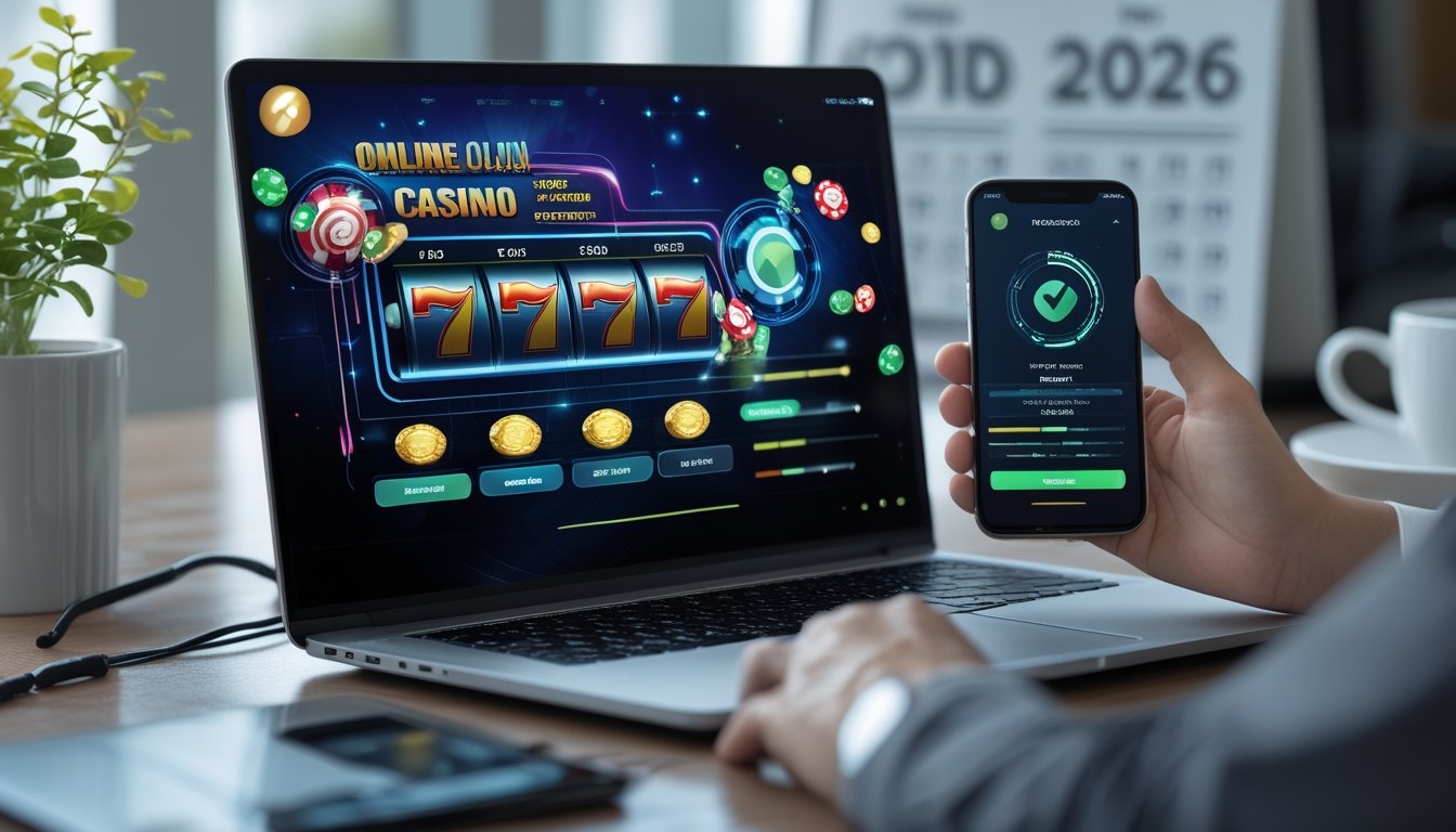 Seorang profesional menggunakan laptop dan ponsel untuk mengakses situs kasino online dengan antarmuka permainan dan konfirmasi transaksi cepat di meja kerja.
