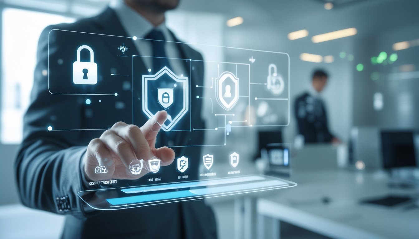 Seorang profesional berinteraksi dengan antarmuka digital modern yang menampilkan simbol keamanan dan transaksi cepat di lingkungan kantor futuristik.
