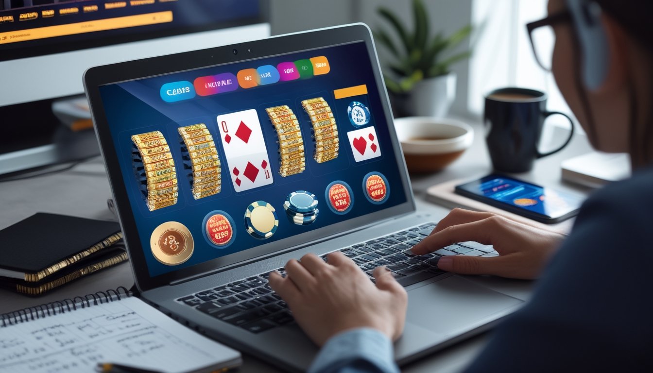 Seseorang bermain game kasino online di komputer dengan catatan strategi dan ponsel di meja di ruang kerja yang rapi.