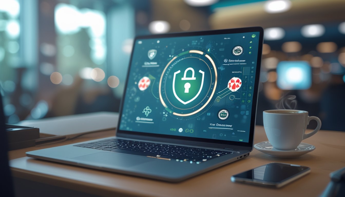 Seorang pengguna dengan laptop yang menampilkan layar login aman, dikelilingi oleh elemen kasino seperti chip poker dan kartu, menggambarkan perlindungan data saat bermain kasino online.