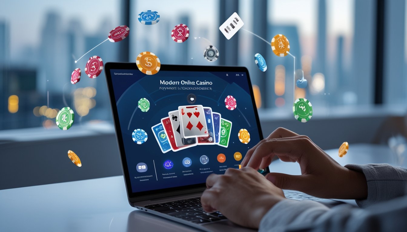 Seseorang menggunakan perangkat digital dengan ikon pembayaran dan elemen kasino online di layar.