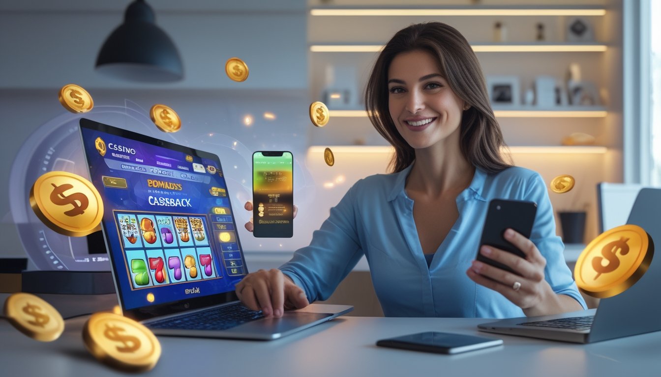 Seorang wanita dewasa duduk di depan laptop dengan layar kasino online terbuka, sambil memegang ponsel yang menunjukkan notifikasi bonus cashback, di ruang kerja rumah yang modern.