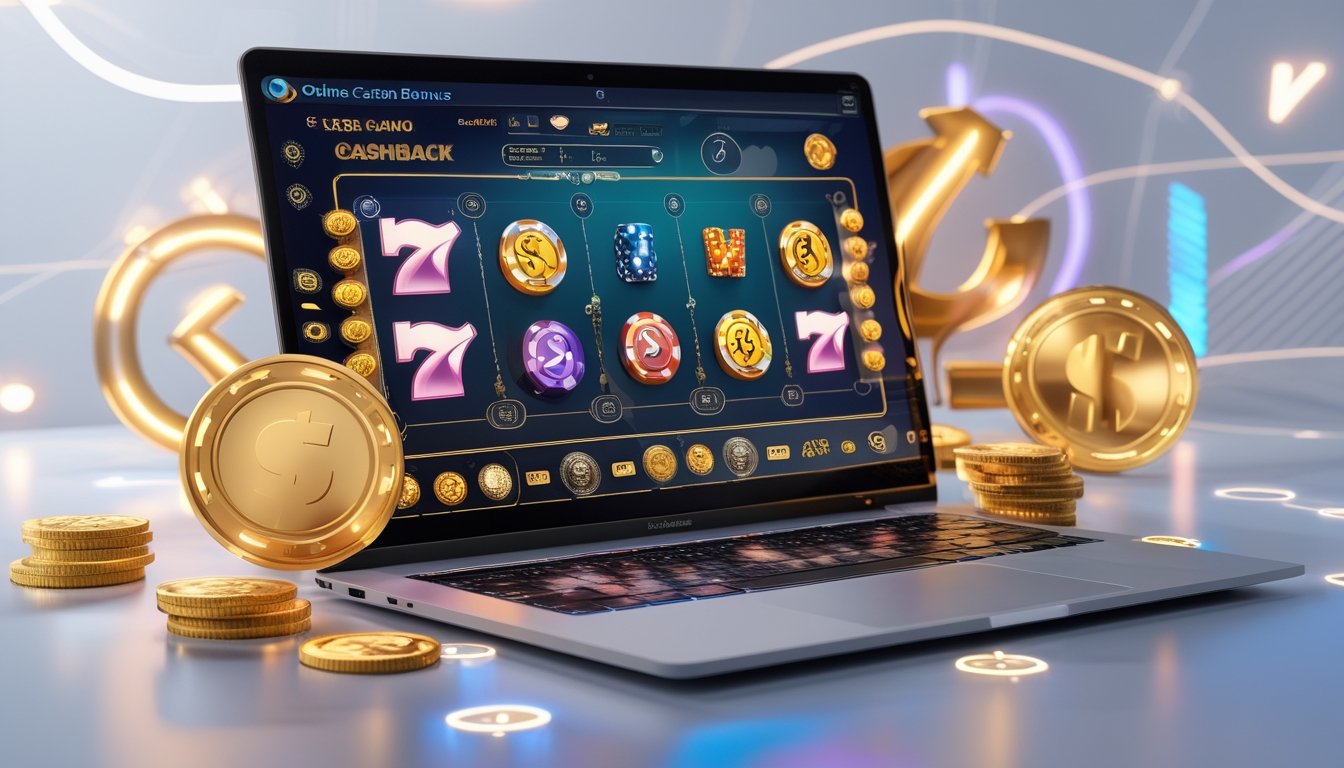 Seorang pengguna laptop dengan tampilan kasino online dan simbol cashback di sekitarnya.