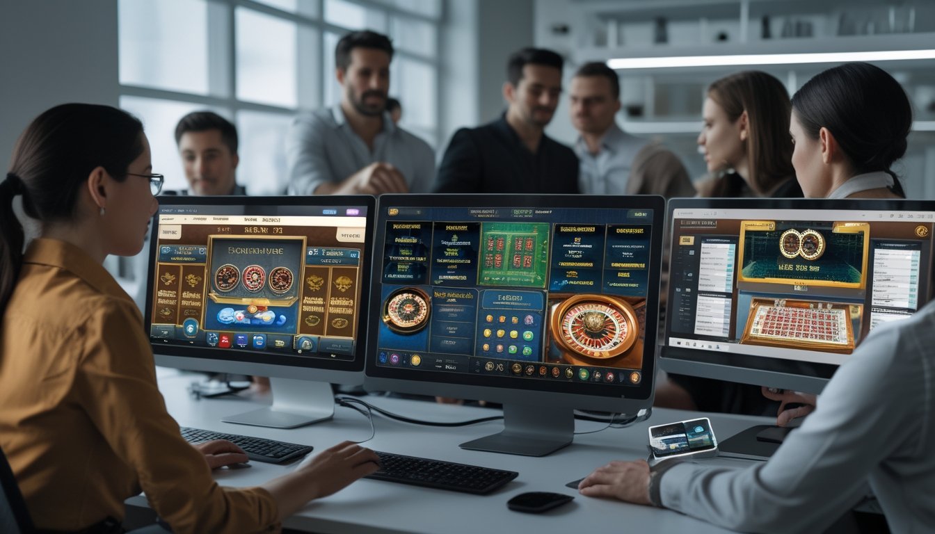 Orang-orang menggunakan perangkat elektronik untuk bermain permainan kasino live dealer secara online di lingkungan kerja modern.