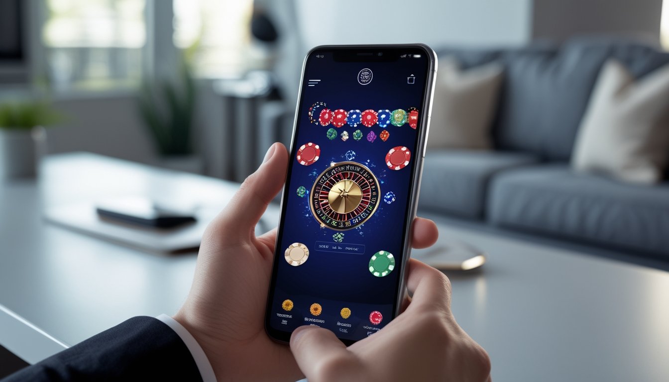 Sebuah tangan memegang smartphone yang menampilkan aplikasi kasino online dengan grafik warna-warni di meja yang rapi.