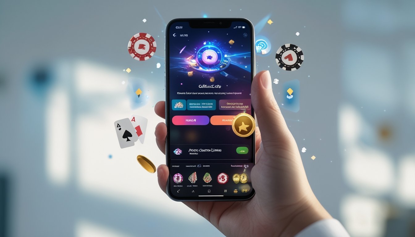 Sebuah tangan memegang smartphone yang menampilkan aplikasi kasino online dengan latar belakang elemen kasino seperti kartu dan chip.