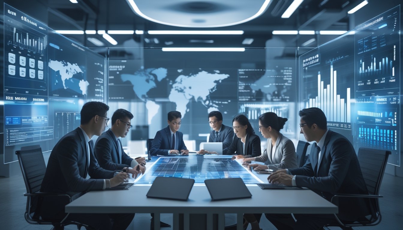 Sekelompok profesional bisnis sedang berdiskusi di ruang kantor modern dengan layar digital menampilkan grafik dan peta Asia terkait perkembangan industri kasino online.