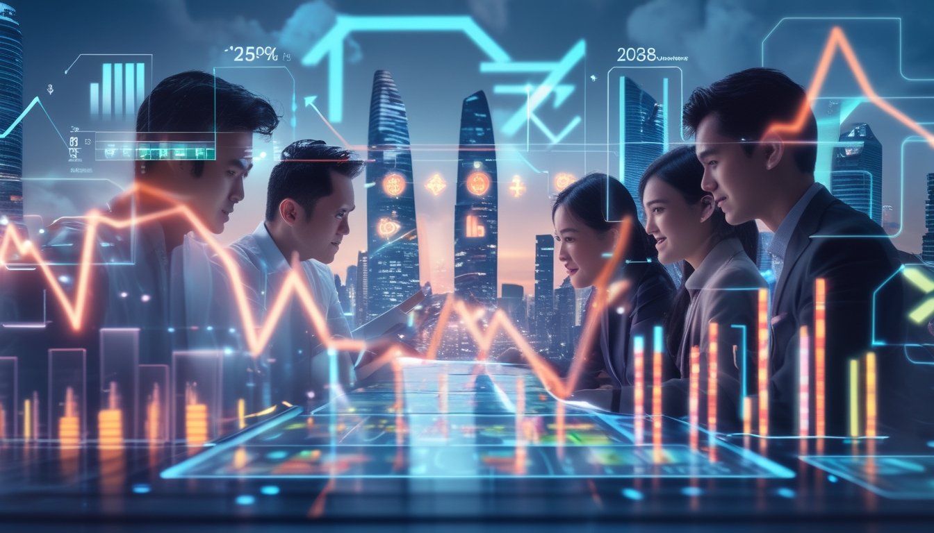 Pemandangan kota modern di Asia dengan orang-orang menggunakan perangkat layar sentuh yang menampilkan grafik dan simbol kasino online.