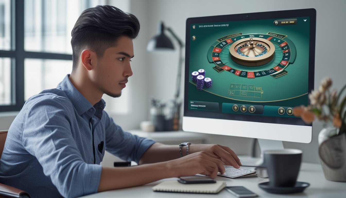 Seorang pria muda duduk di meja kerja di rumah, fokus bermain permainan kasino online di komputer.