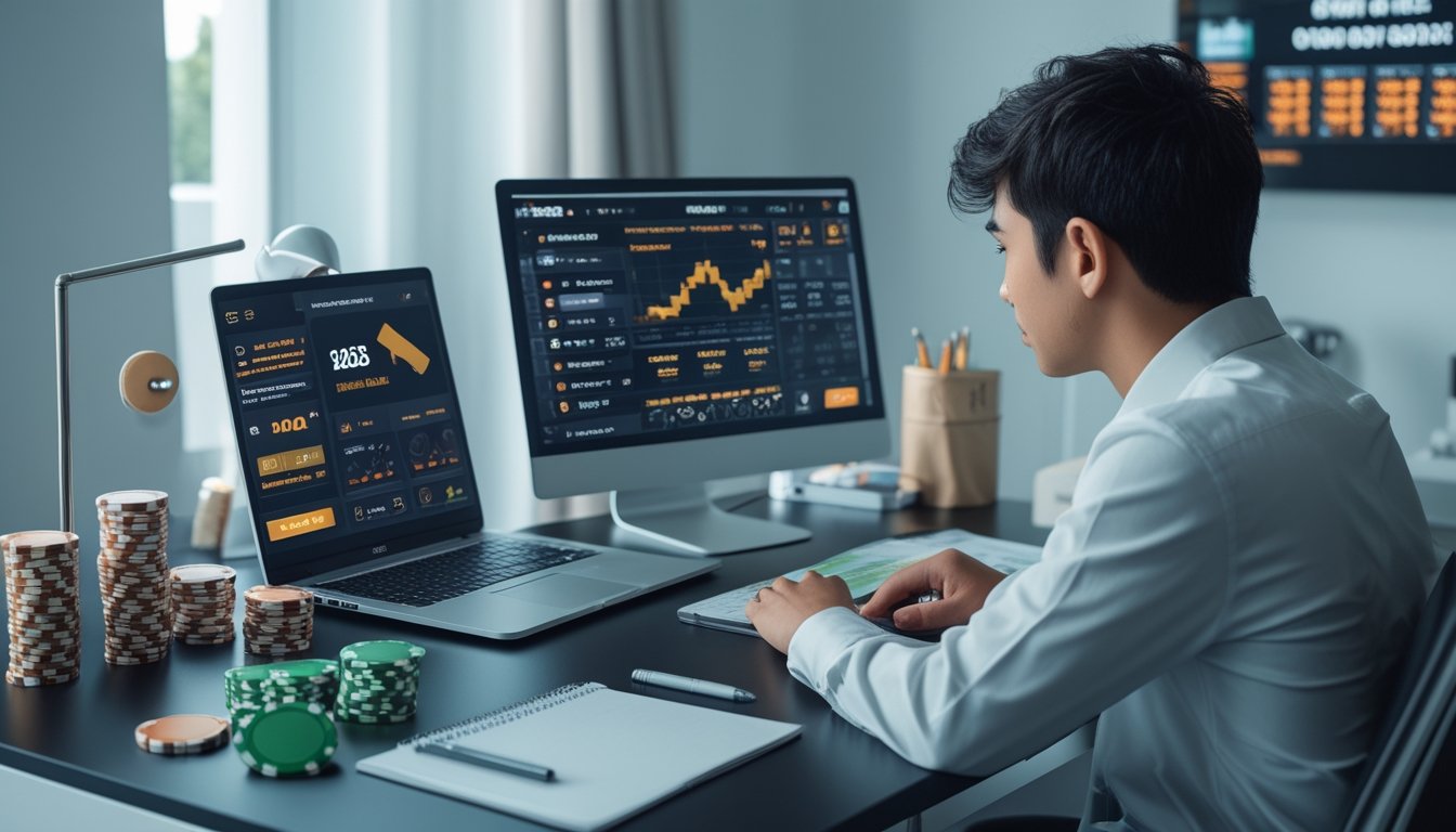 Seorang pemain kasino online sedang duduk di meja dengan beberapa perangkat digital, menganalisis data dan mengelola modalnya di ruang kerja modern.