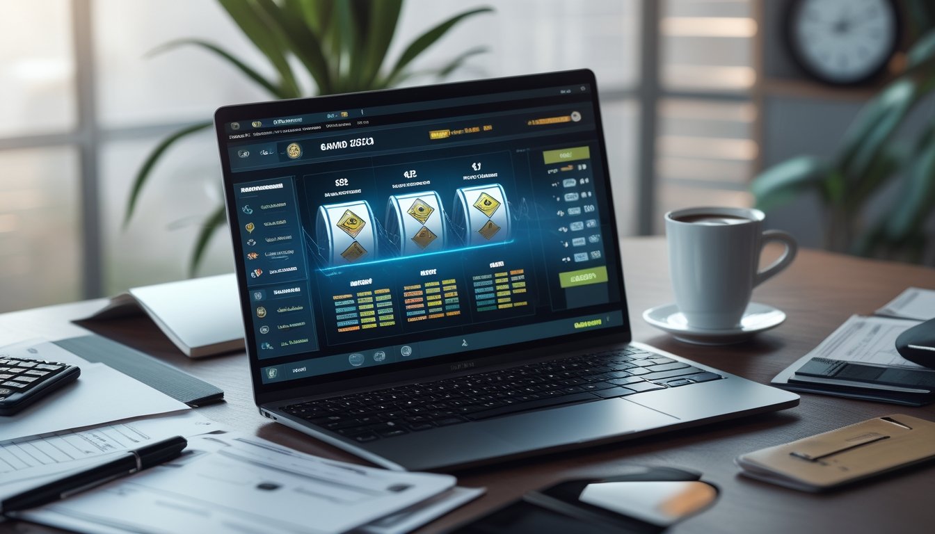 Meja kerja modern dengan laptop yang menampilkan antarmuka kasino digital, dokumen keuangan, kalkulator, dan cangkir kopi.