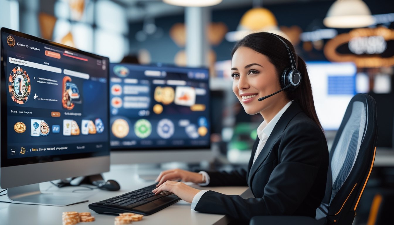 Seorang petugas layanan pelanggan kasino online sedang duduk di depan komputer dengan headset, terlihat ramah dan fokus dalam sesi obrolan langsung di kantor modern.