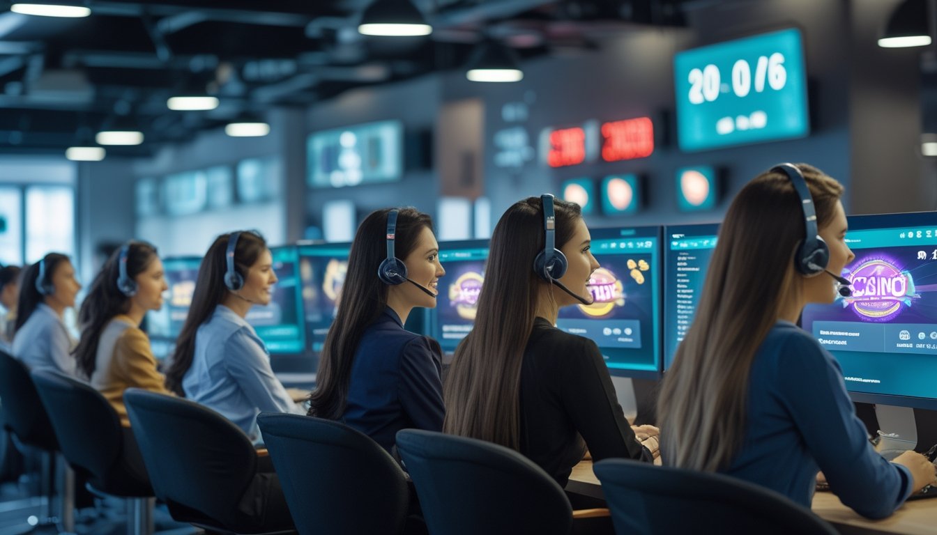 Tim layanan pelanggan kasino online yang ramah sedang bekerja dengan headset di kantor modern dengan layar komputer menampilkan fitur live chat.