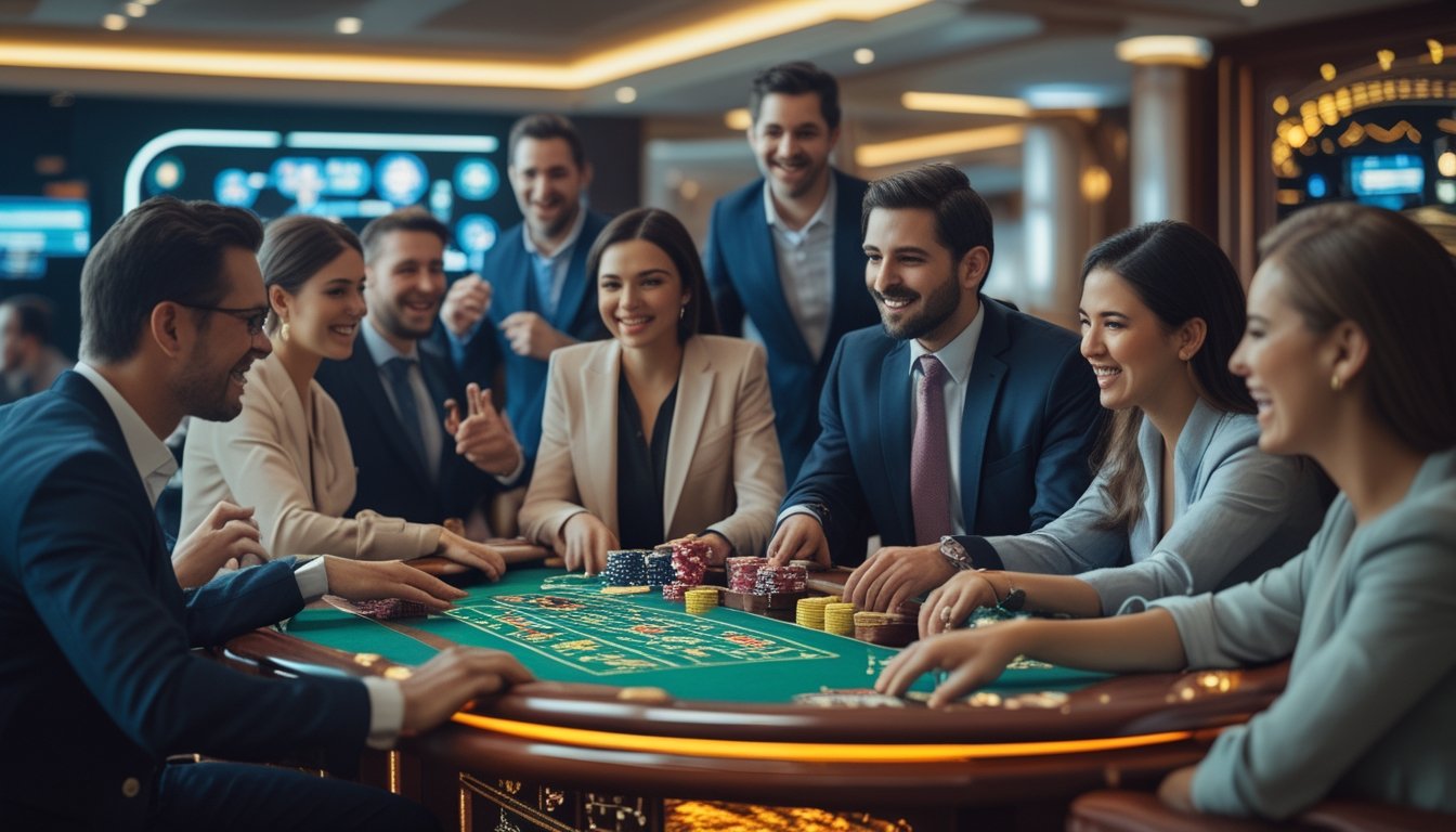 Orang-orang sedang bermain game meja klasik di kasino dengan suasana yang ramai dan menyenangkan.