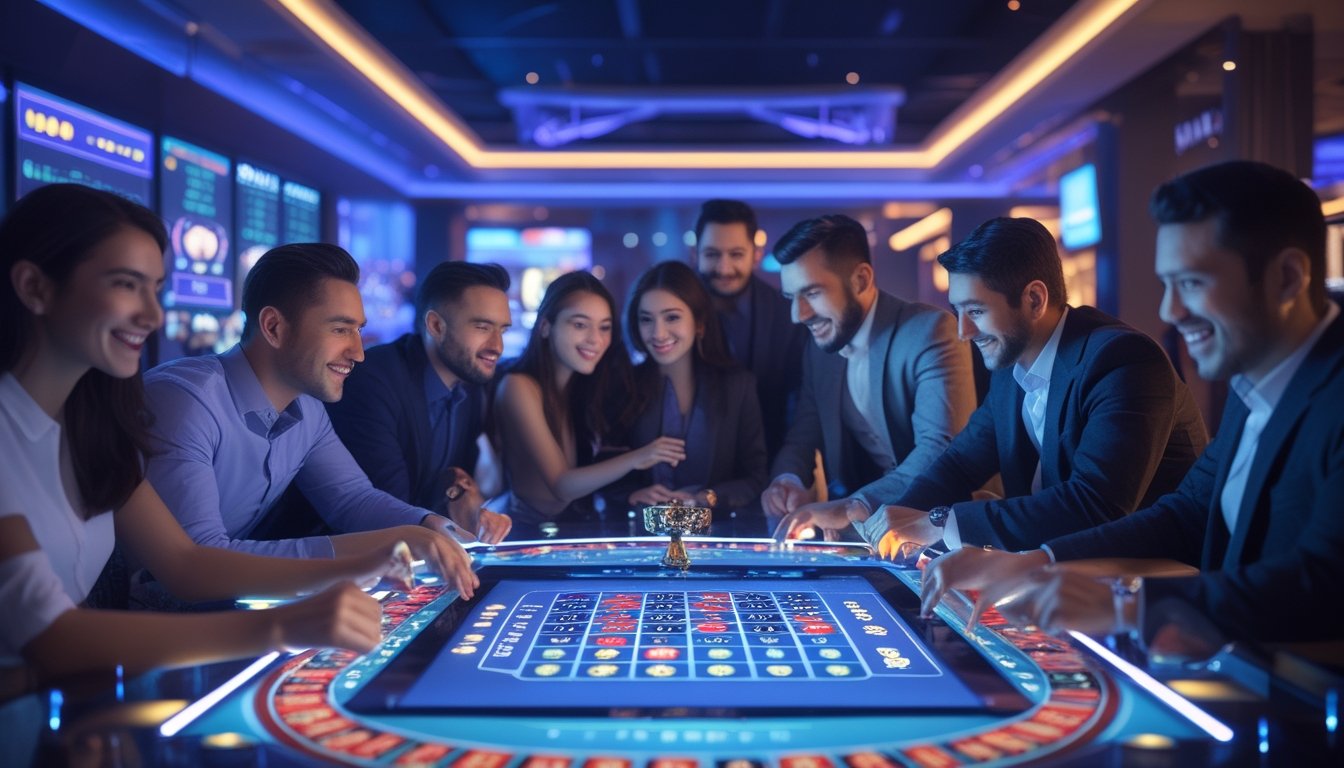 Beberapa orang bermain game meja klasik menggunakan meja sentuh digital di kasino online dengan suasana futuristik dan pencahayaan biru ungu.