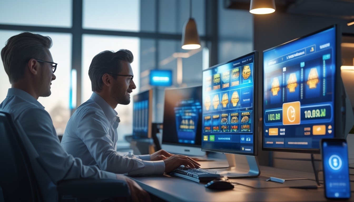 Seorang profesional duduk di meja kerja dengan beberapa layar komputer yang menampilkan grafik mesin slot digital dan diagram keuangan, menunjukkan proses transaksi cepat dan aman.
