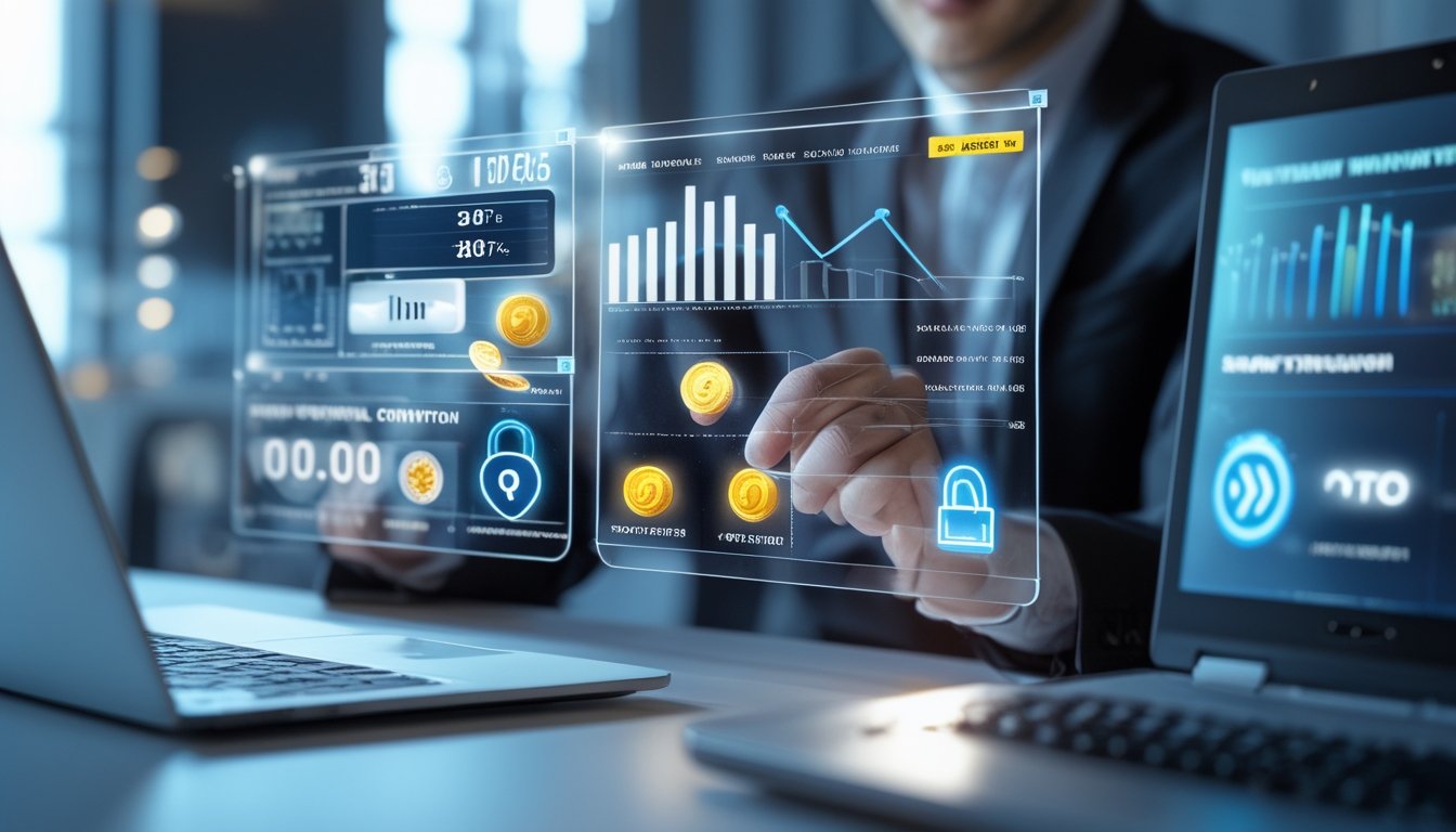 Seorang profesional sedang menganalisis data di layar digital dengan ikon mesin slot dan simbol transaksi aman di kantor modern.