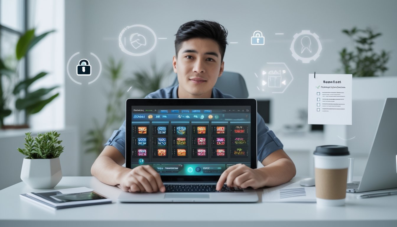 Seorang dewasa muda duduk di meja kerja dengan laptop, melihat layar dengan gambar mesin slot dan grafik, di ruang kantor yang terang dan rapi.