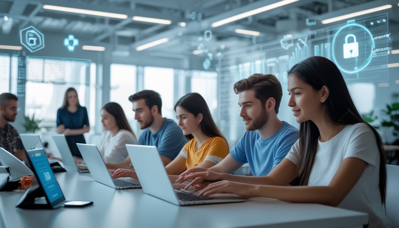 Beberapa orang muda menggunakan laptop dan ponsel di ruang kantor modern yang terang dengan ikon slot dan simbol keamanan digital di latar belakang.