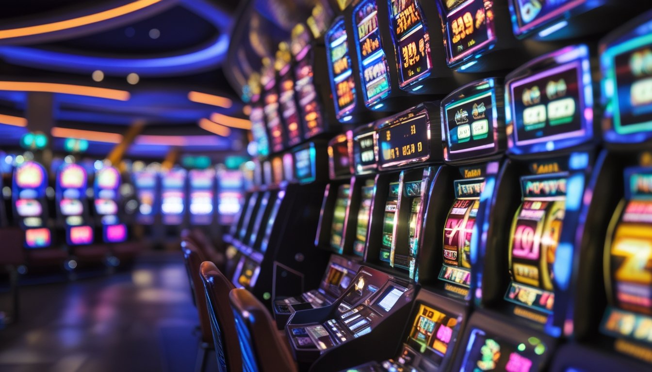 Suasana kasino modern dengan mesin slot berwarna-warni yang menampilkan kombinasi kemenangan.