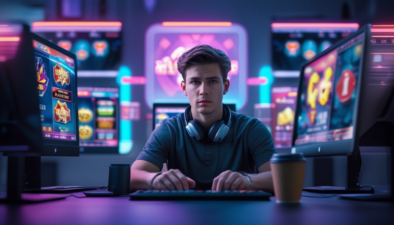 Seorang pria muda serius duduk di depan beberapa layar komputer yang menampilkan permainan slot online, dengan ekspresi waspada di ruangan berlampu biru dan ungu.