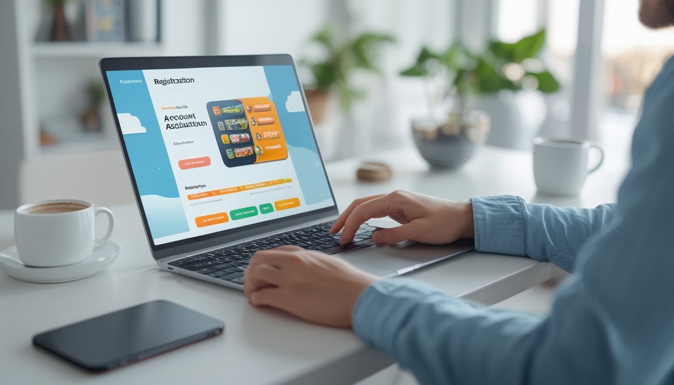 Seseorang sedang menggunakan laptop di meja kerja yang rapi untuk mendaftar akun secara online dengan suasana terang dan nyaman.