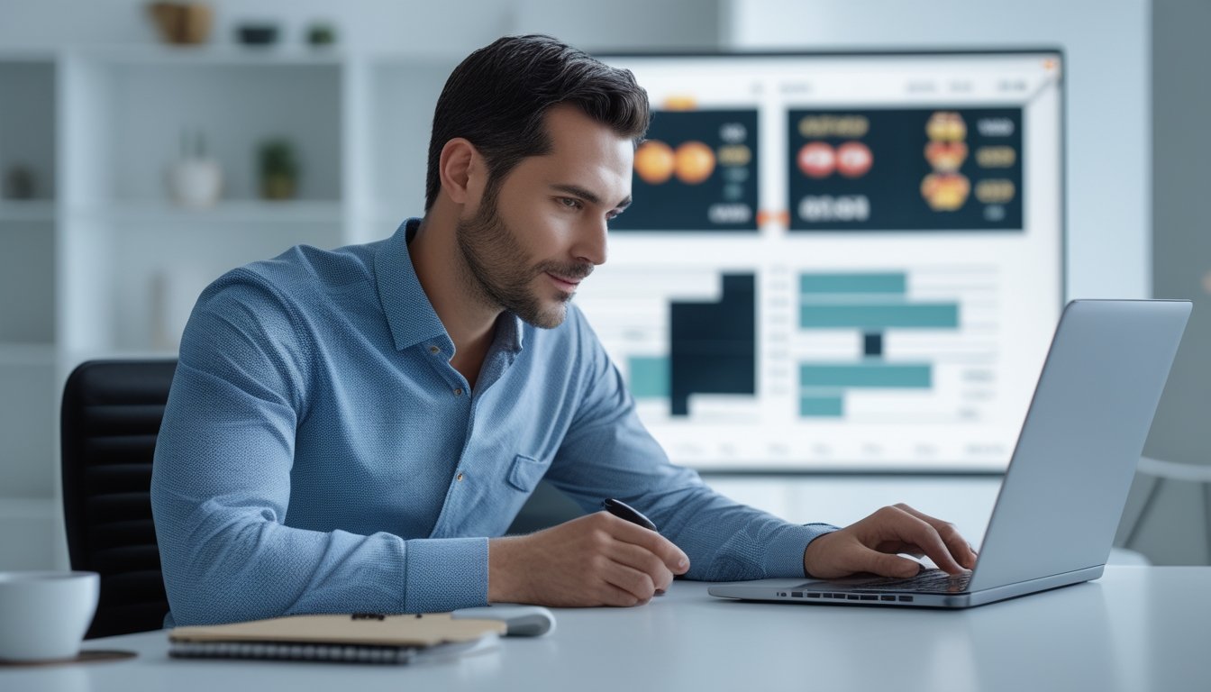 Seorang pria duduk di meja kerja dengan laptop dan ponsel, fokus menganalisis grafik dan data, di ruang kantor yang terang dan rapi.