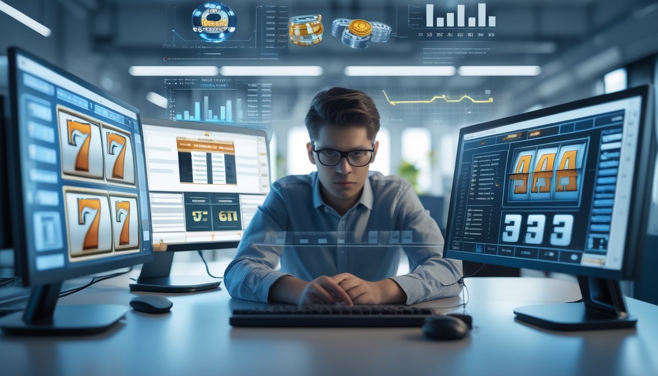 Seseorang sedang fokus menganalisis data dan grafik di beberapa layar komputer dalam lingkungan kantor modern.