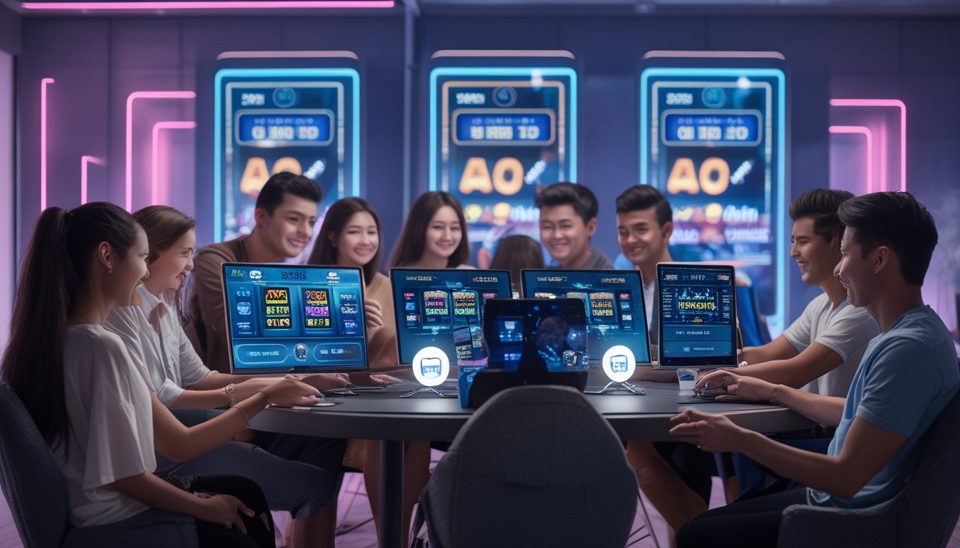 Sekelompok orang muda bermain permainan slot online di ruangan modern dengan layar komputer dan ponsel, suasana ceria dan nyaman.