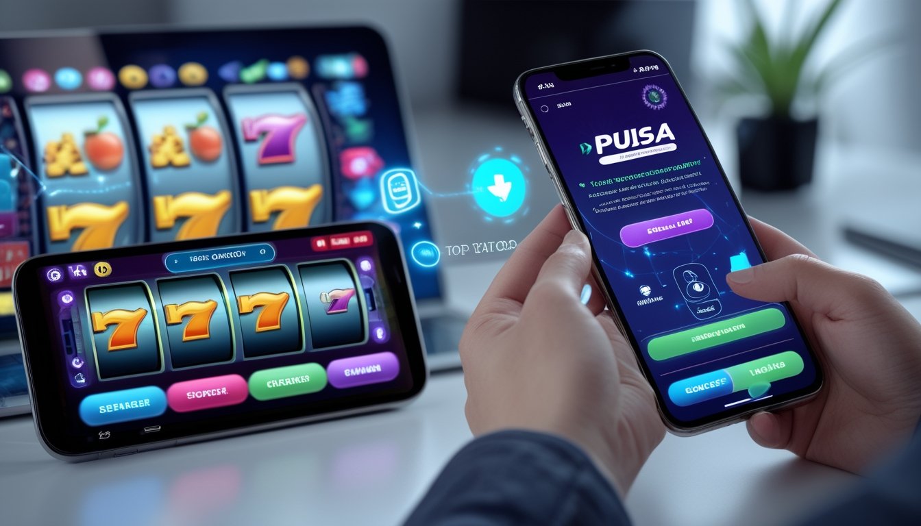 Seorang pengguna memegang ponsel dengan layar permainan slot online dan tampilan pembayaran pulsa di latar depan, dengan ikon transaksi digital di latar belakang.