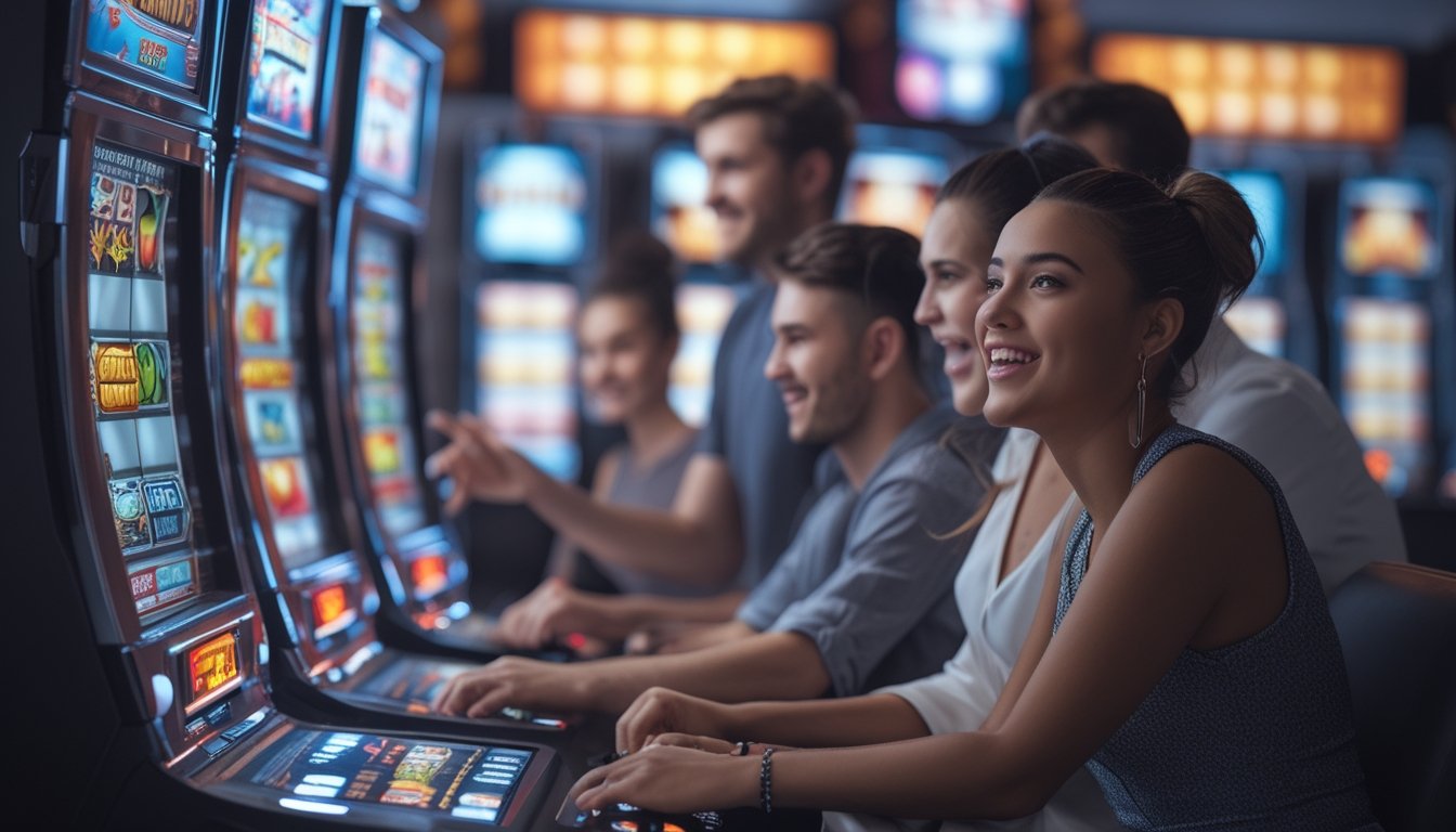 Beberapa orang muda bermain mesin slot online di ruang permainan modern dengan pencahayaan cerah dan suasana menyenangkan.