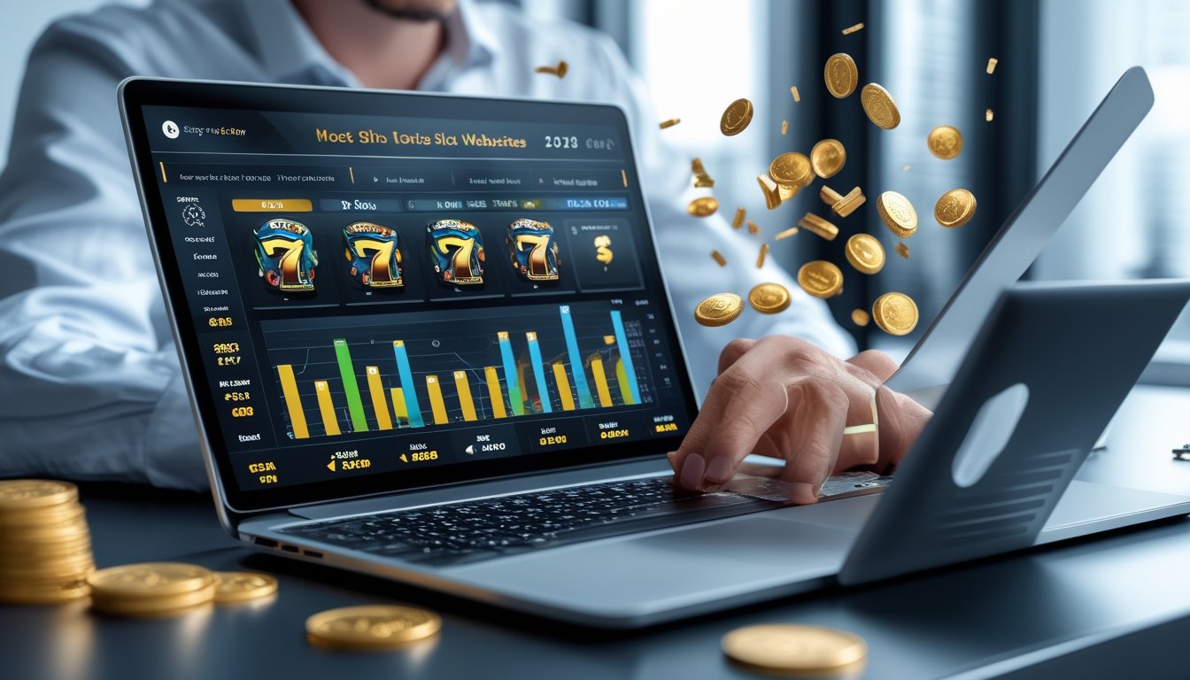 Seseorang sedang menganalisis data permainan slot di laptop dengan grafik dan ikon mesin slot di meja kerja.
