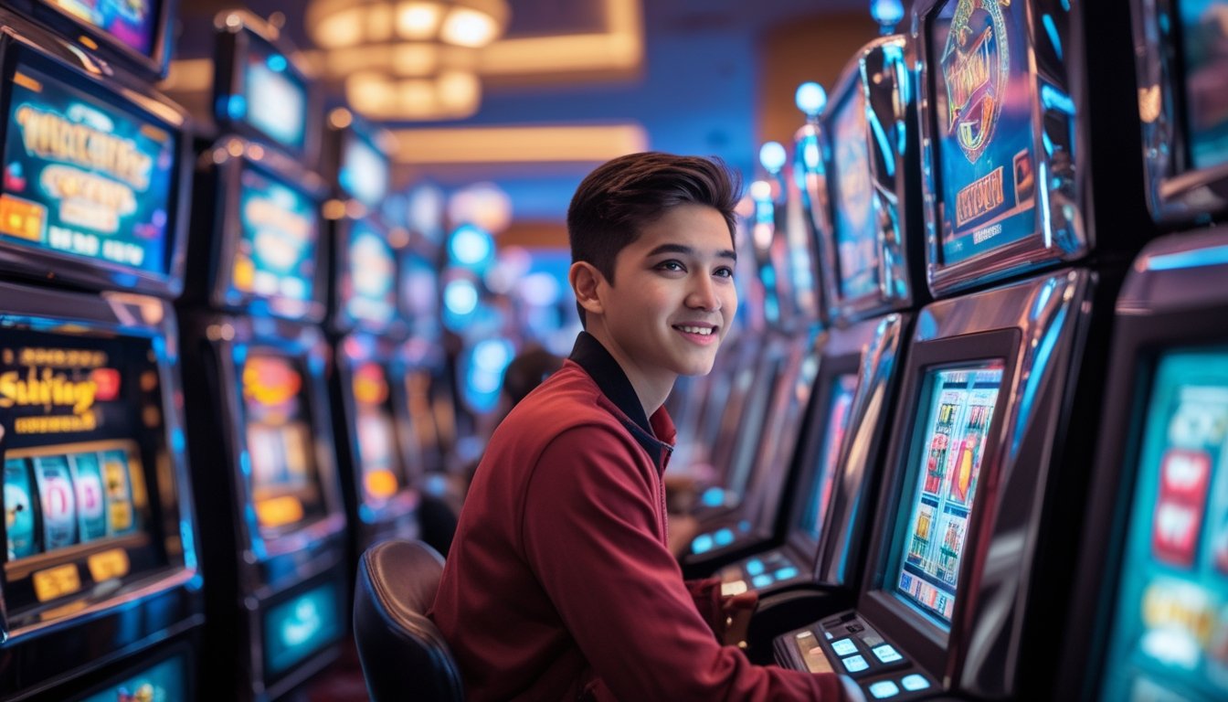 Seorang pemain muda sedang bermain mesin slot di kasino yang terang dan modern.