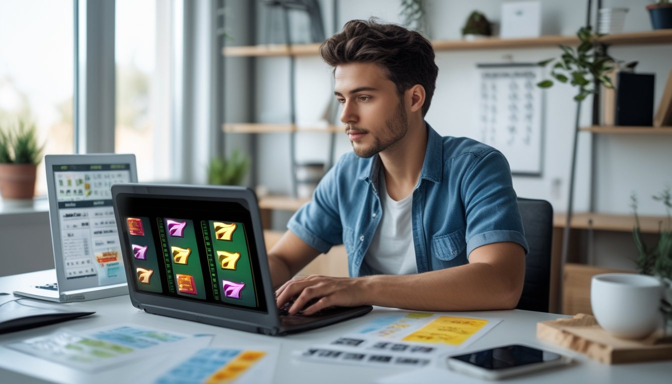 Seorang dewasa muda sedang duduk di meja dengan laptop yang menampilkan grafik mesin slot berwarna-warni, dikelilingi oleh catatan dan ponsel di ruang kerja yang terang dan rapi.