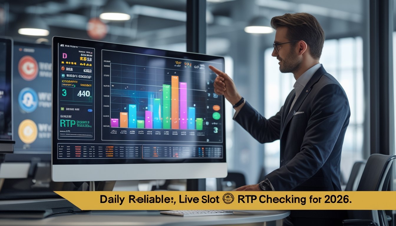 Seorang profesional sedang melihat grafik data RTP slot secara langsung di komputer di ruang kerja modern.