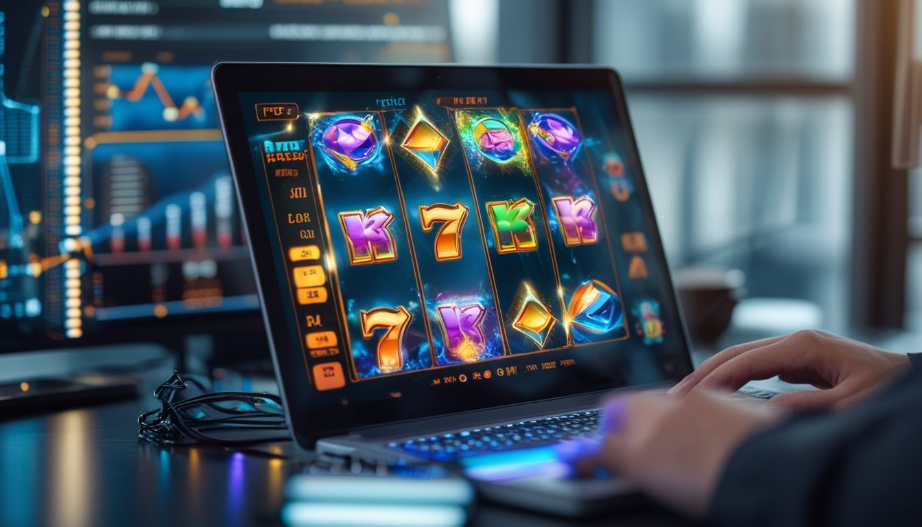 Seorang pemain menggunakan komputer dengan tampilan permainan slot digital yang berwarna-warni dan grafik data di latar belakang.