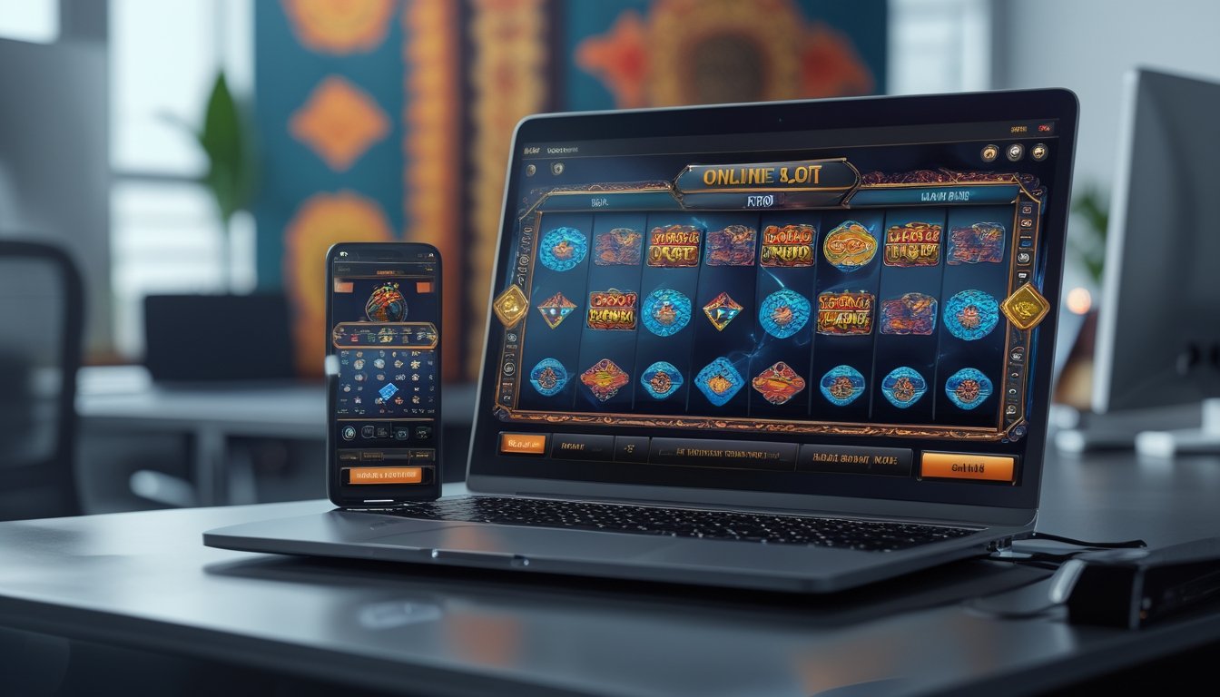 Seorang pengguna sedang bermain mesin slot online di laptop dan ponsel di ruangan modern dengan latar belakang motif batik.