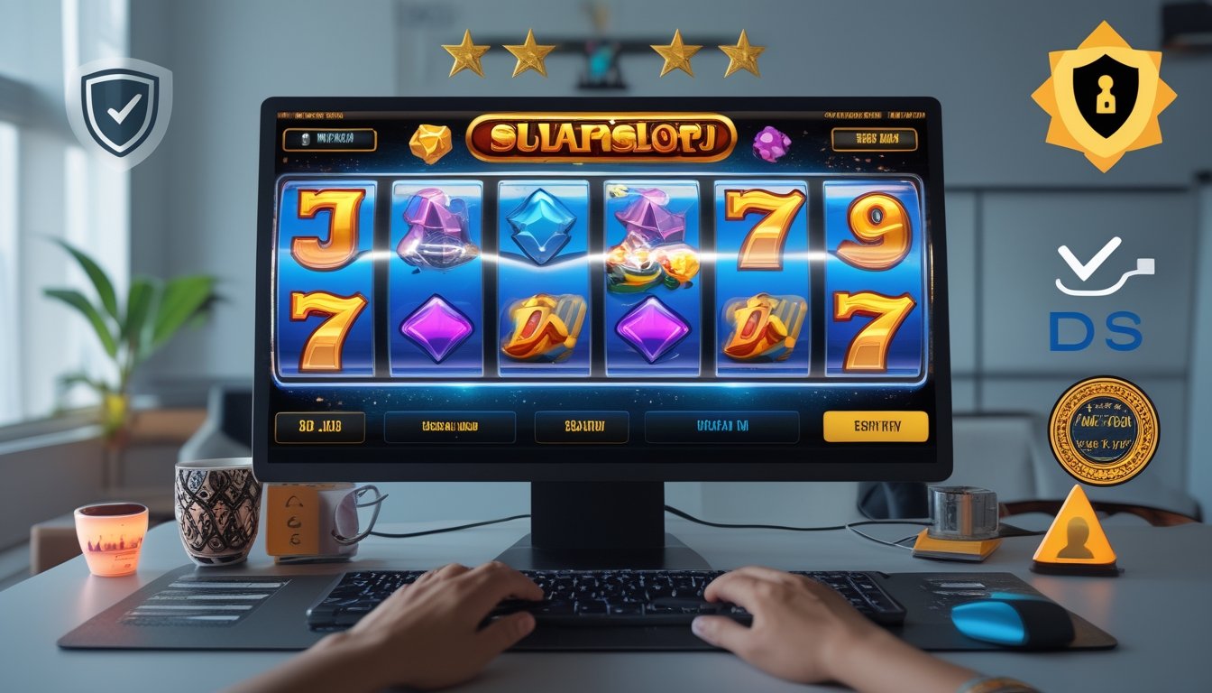 Meja kerja modern dengan komputer yang menampilkan permainan mesin slot online berwarna cerah, dengan tangan seseorang menggunakan keyboard dan mouse, serta simbol keamanan di latar belakang.