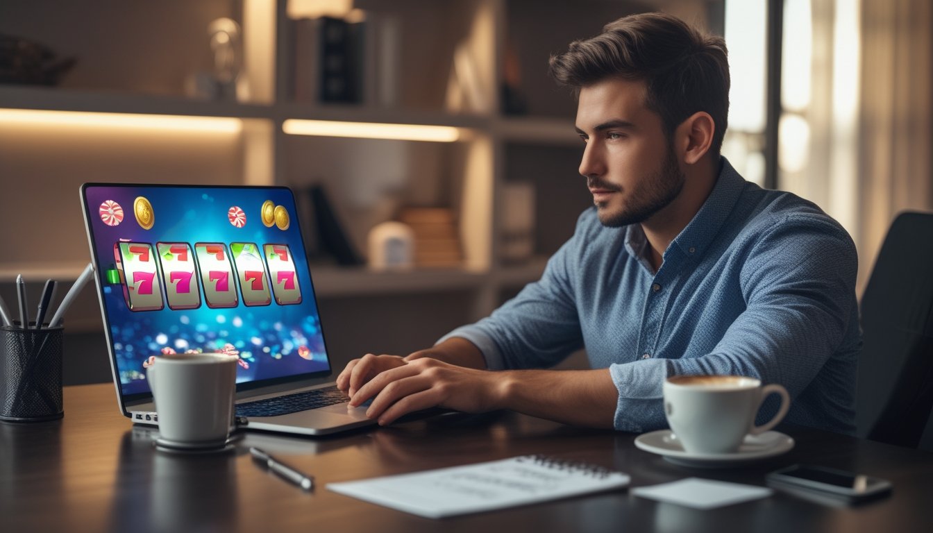 Seorang pria muda duduk di meja kerja dengan laptop yang menampilkan permainan slot, dikelilingi oleh alat tulis dan ponsel, di ruangan yang terang dan rapi.