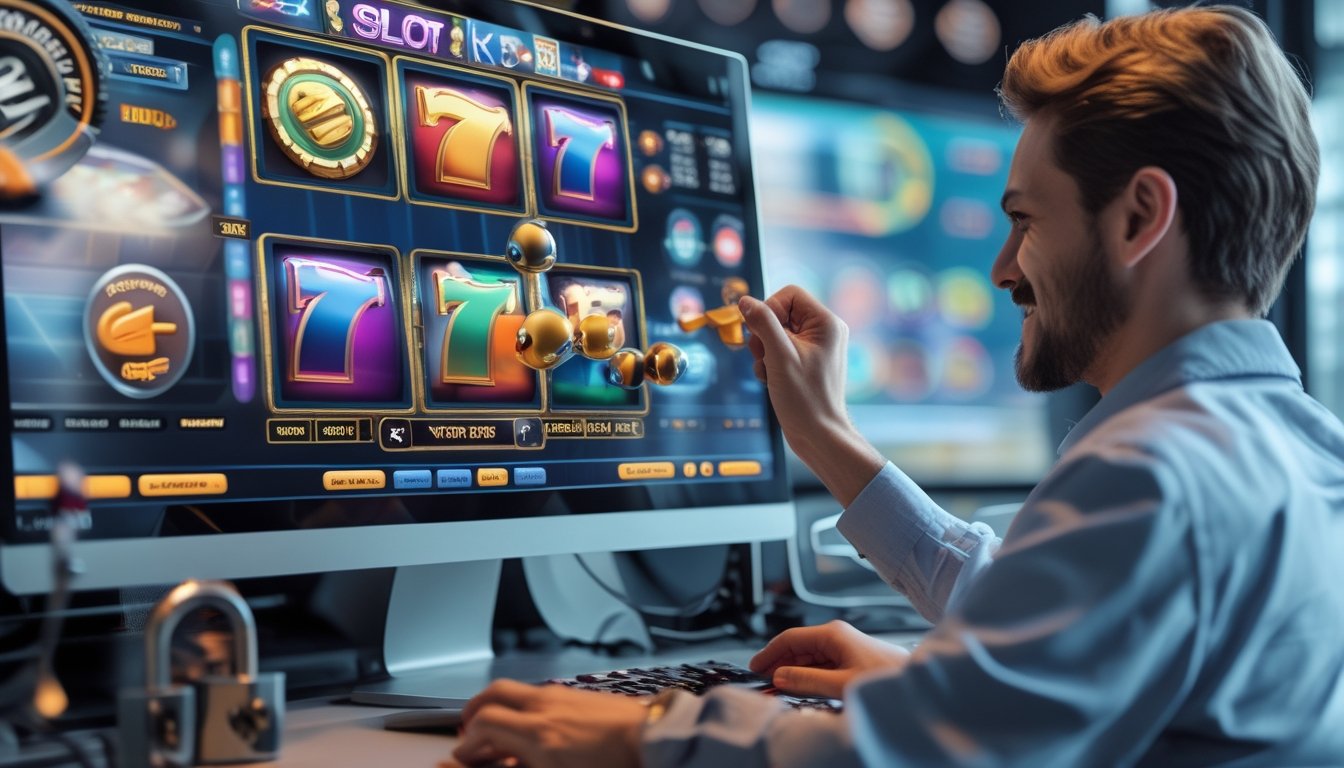 Seseorang sedang bermain permainan slot online di depan komputer dengan tampilan mesin slot yang berwarna-warni dan suasana fokus serta antusias.