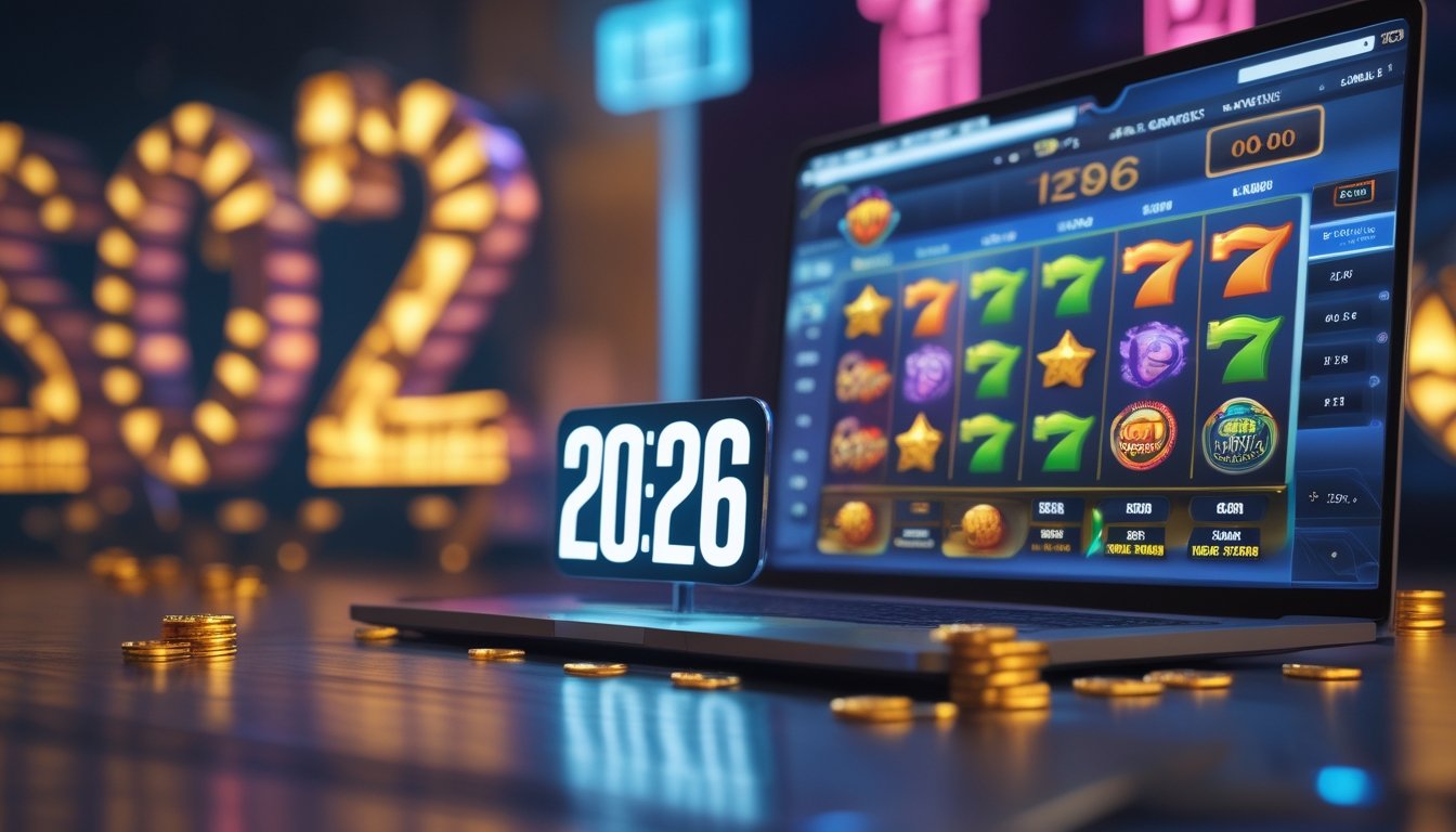 Jam digital menunjukkan pukul 20:26 dengan latar belakang simbol mesin slot yang menyala dan layar perangkat menampilkan permainan slot online.